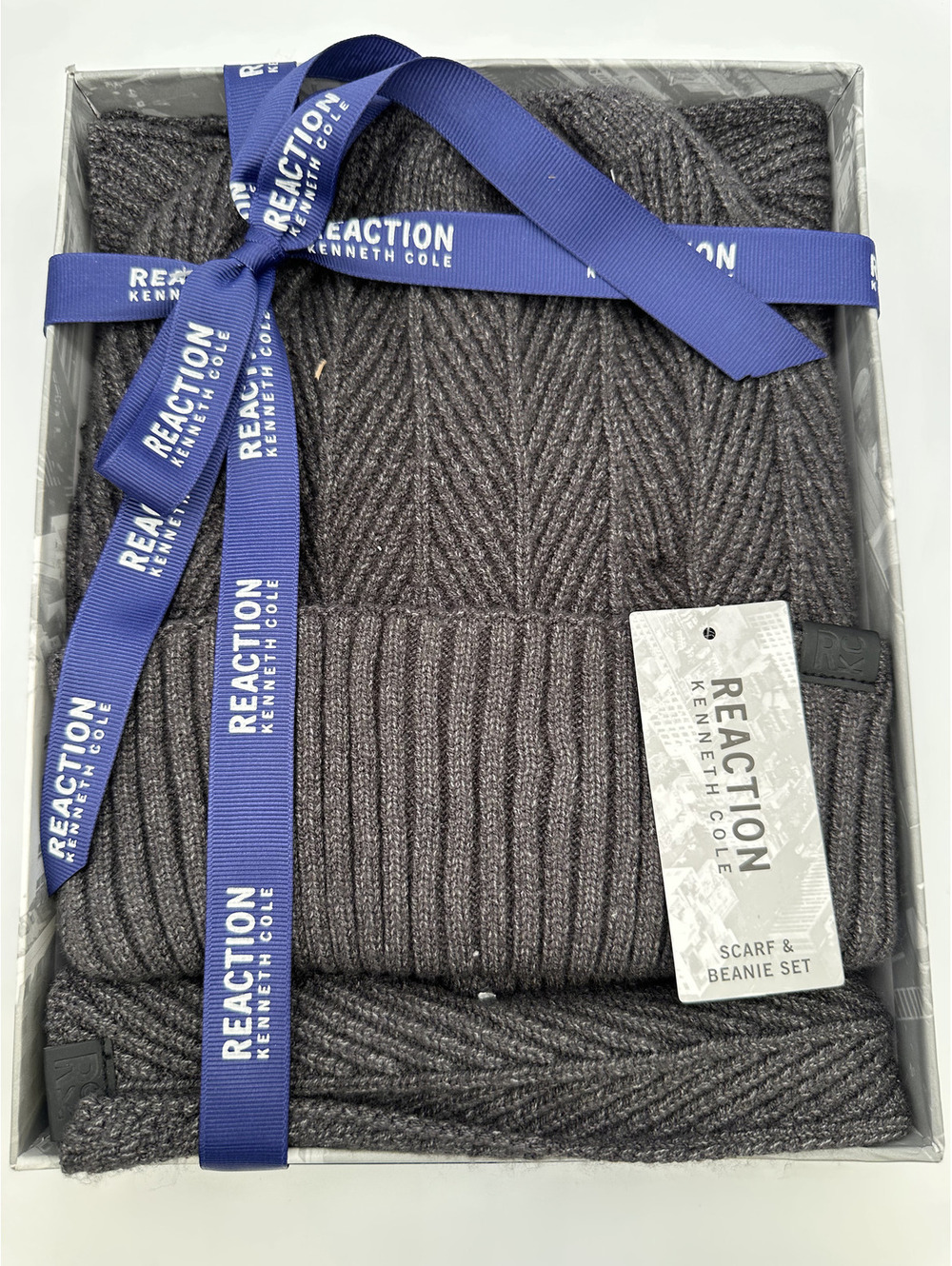 Kenneth Cole Reaction Charcoal Herringbone Beanie and Scarf